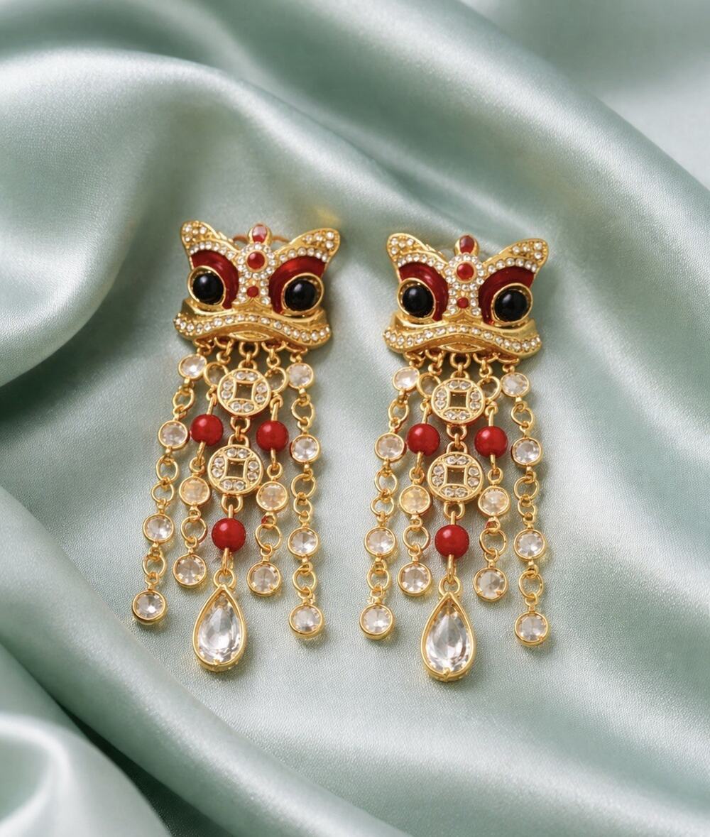 Crown Lion Museum Mask Antique Earrings Chain Medieval Dance Tassel Gold China